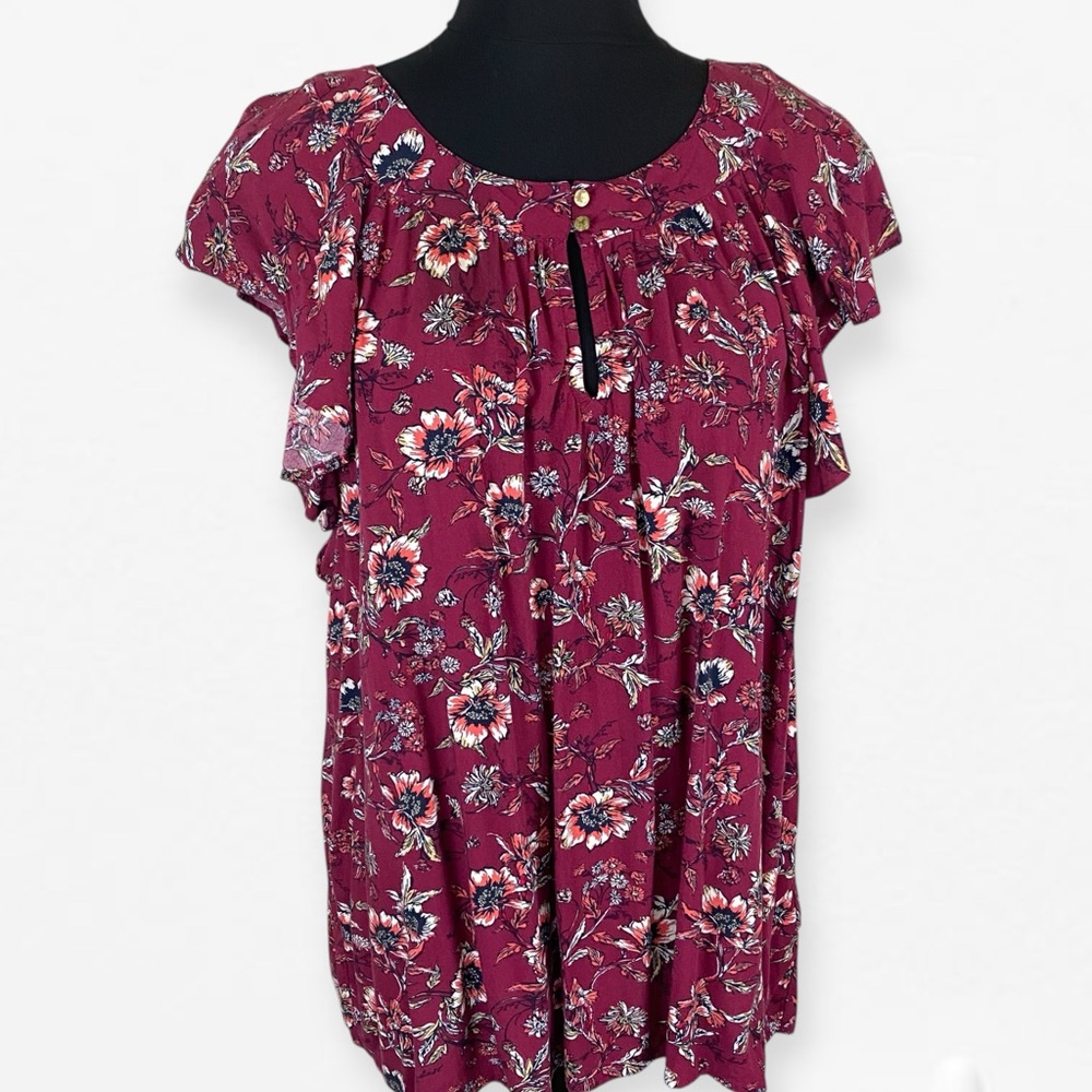 Tommy Hilfiger Ruffled Floral Red and White Blouse with Flutter Sleeves XL